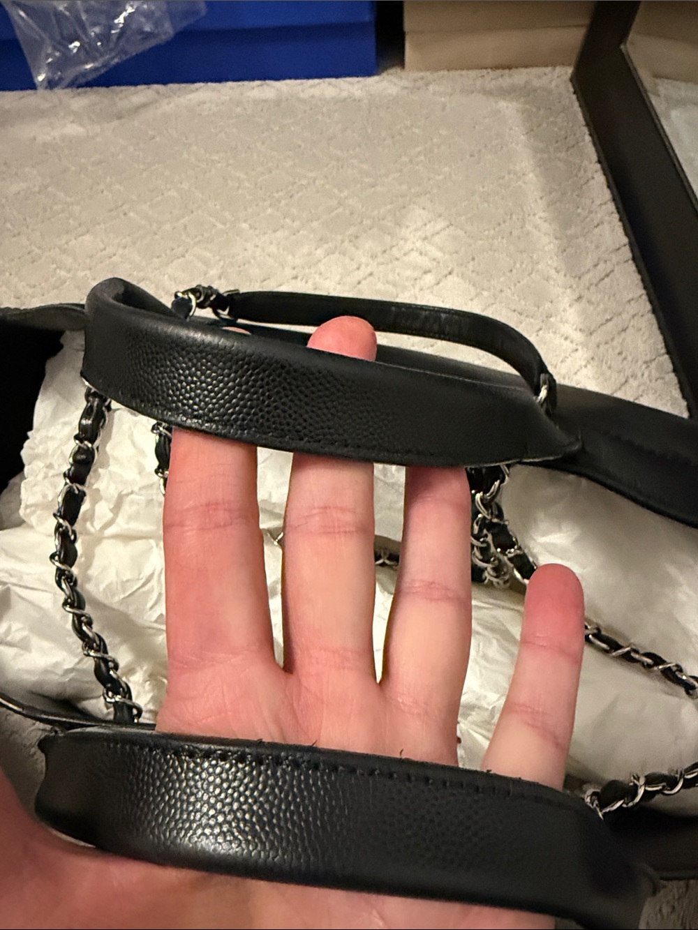 CHANEL Black Studded Logo Tote with Chain-Detail Handles - Picture 11 of 13